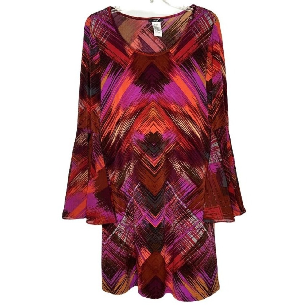 MSK Women's Pink Red Orange Print Sheer Bell Sleeve Cocktail Dress Size Medium - Picture 4 of 11